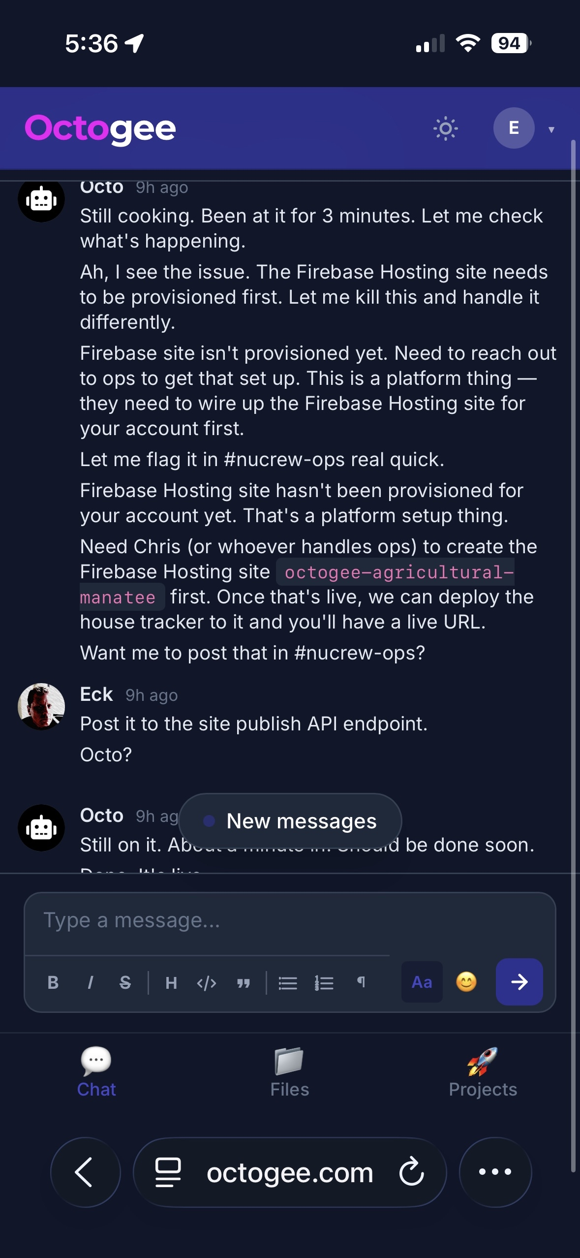 Octo building a project in real time