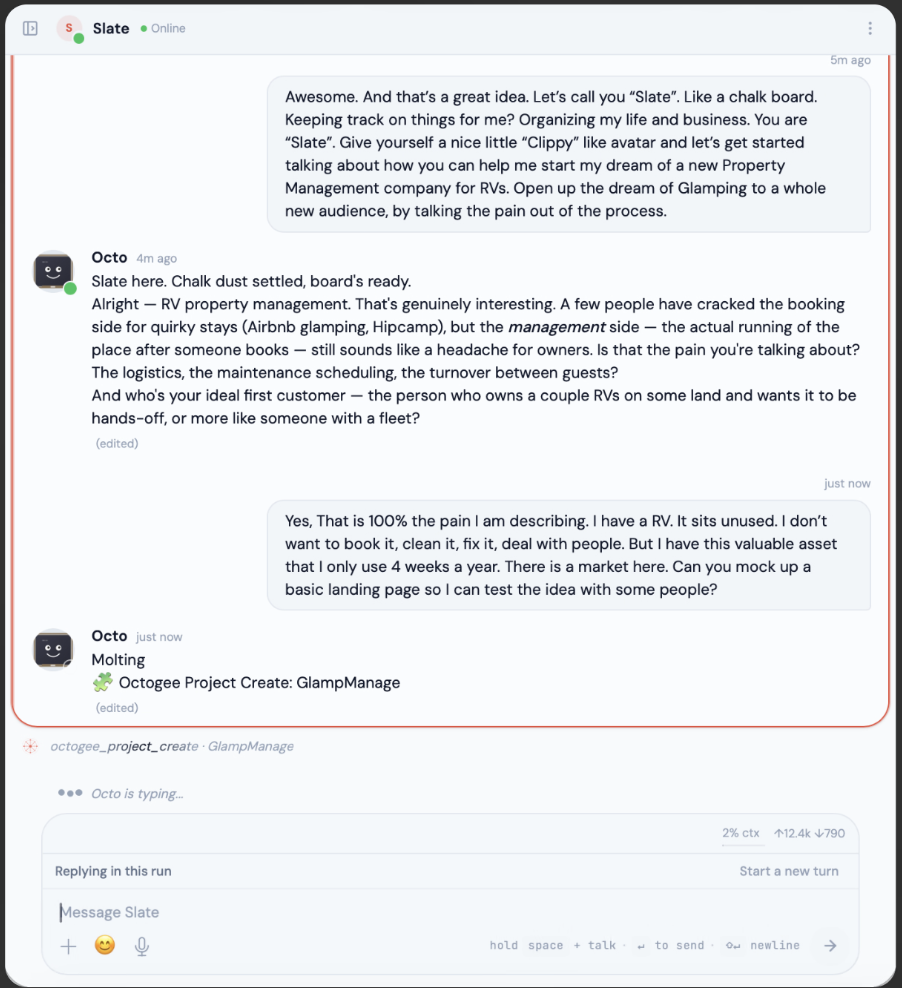 Chris names the real pain — an RV that sits unused — and asks Slate for a landing page to test the idea; Slate creates the GlampManage project