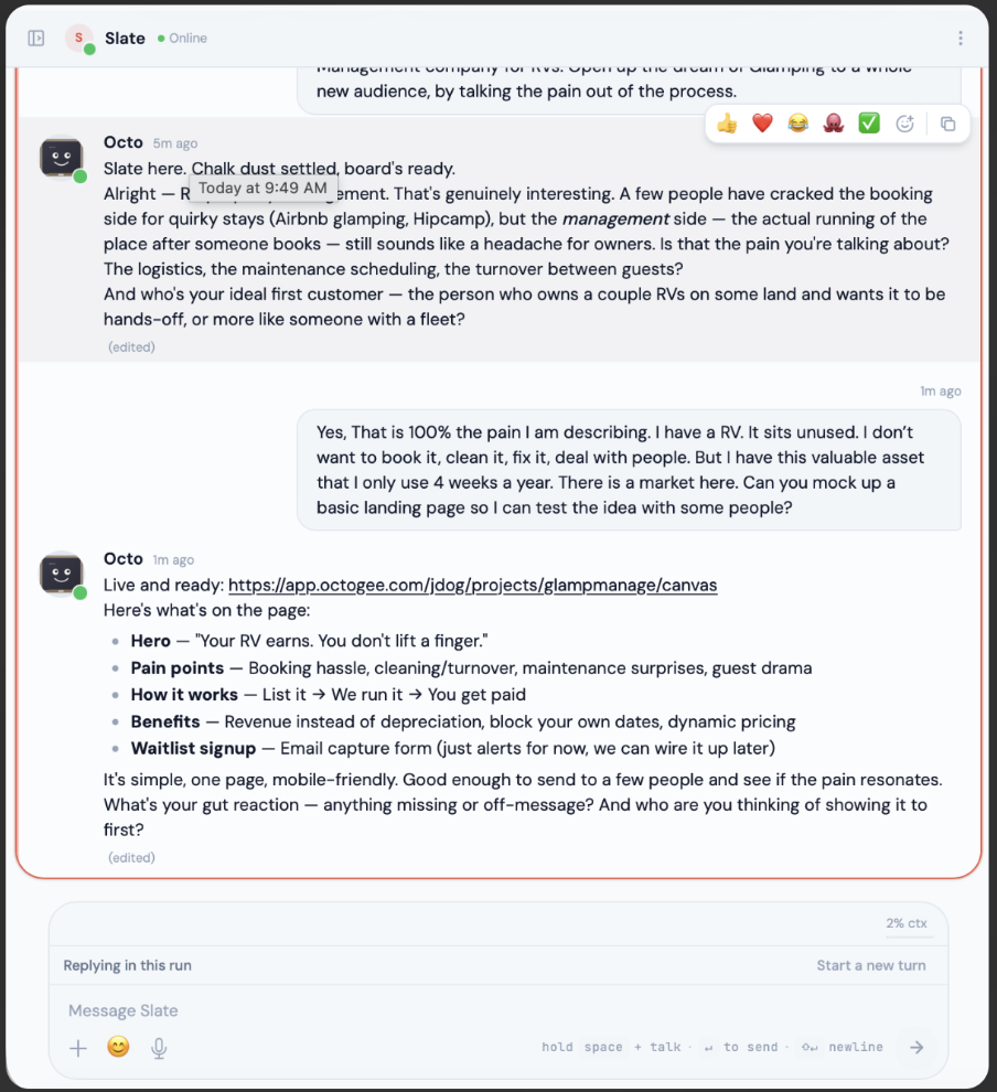 Slate replies with a live URL and a rundown of the page it built: hero, pain points, how it works, benefits, and a waitlist signup