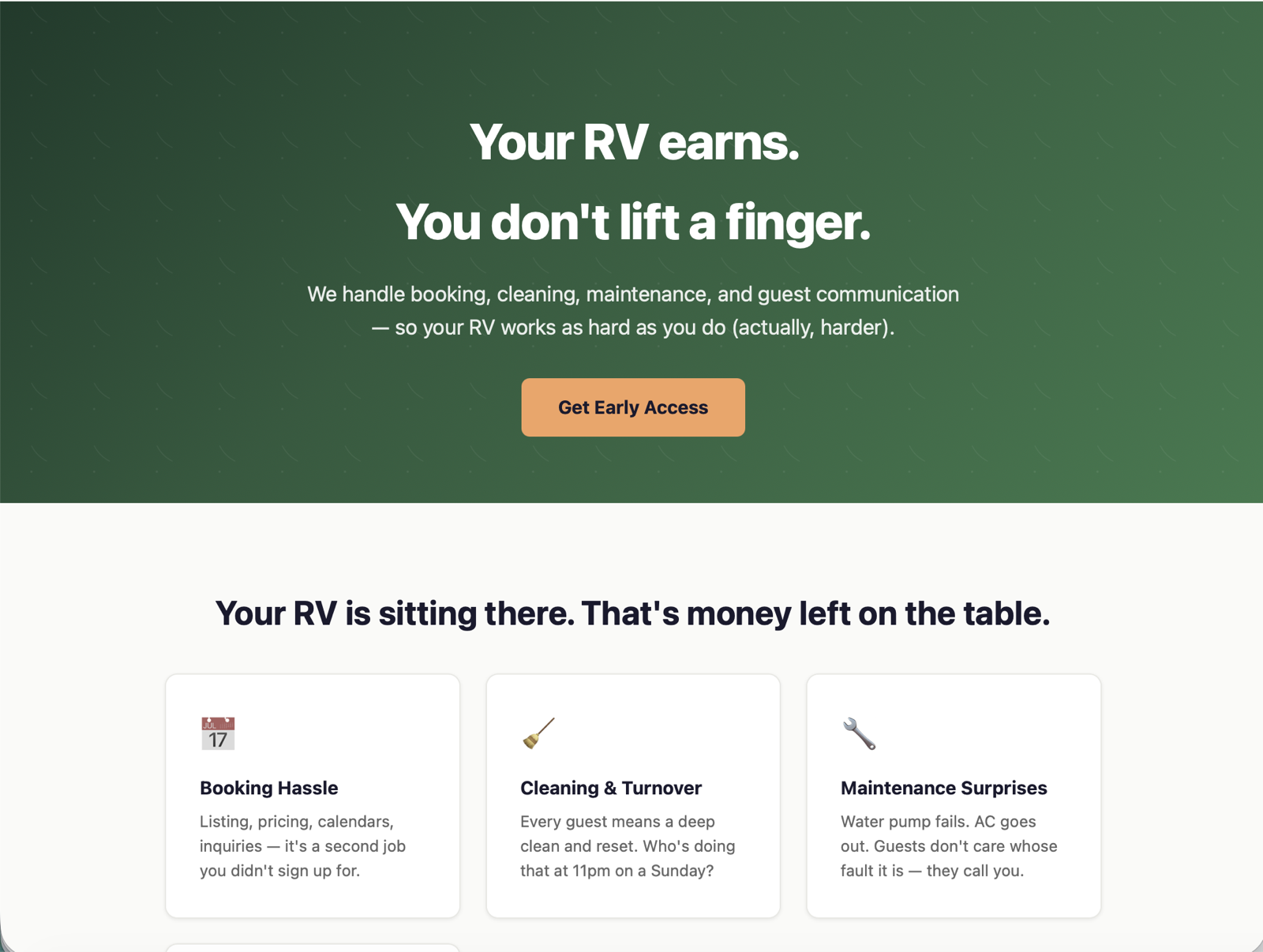 The GlampManage landing page itself: 'Your RV earns. You don't lift a finger.' with a Get Early Access button and pain-point cards